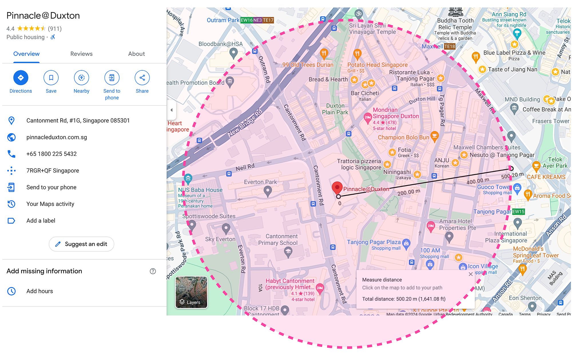 500 meter search radius measured using the Google Maps ruler tool