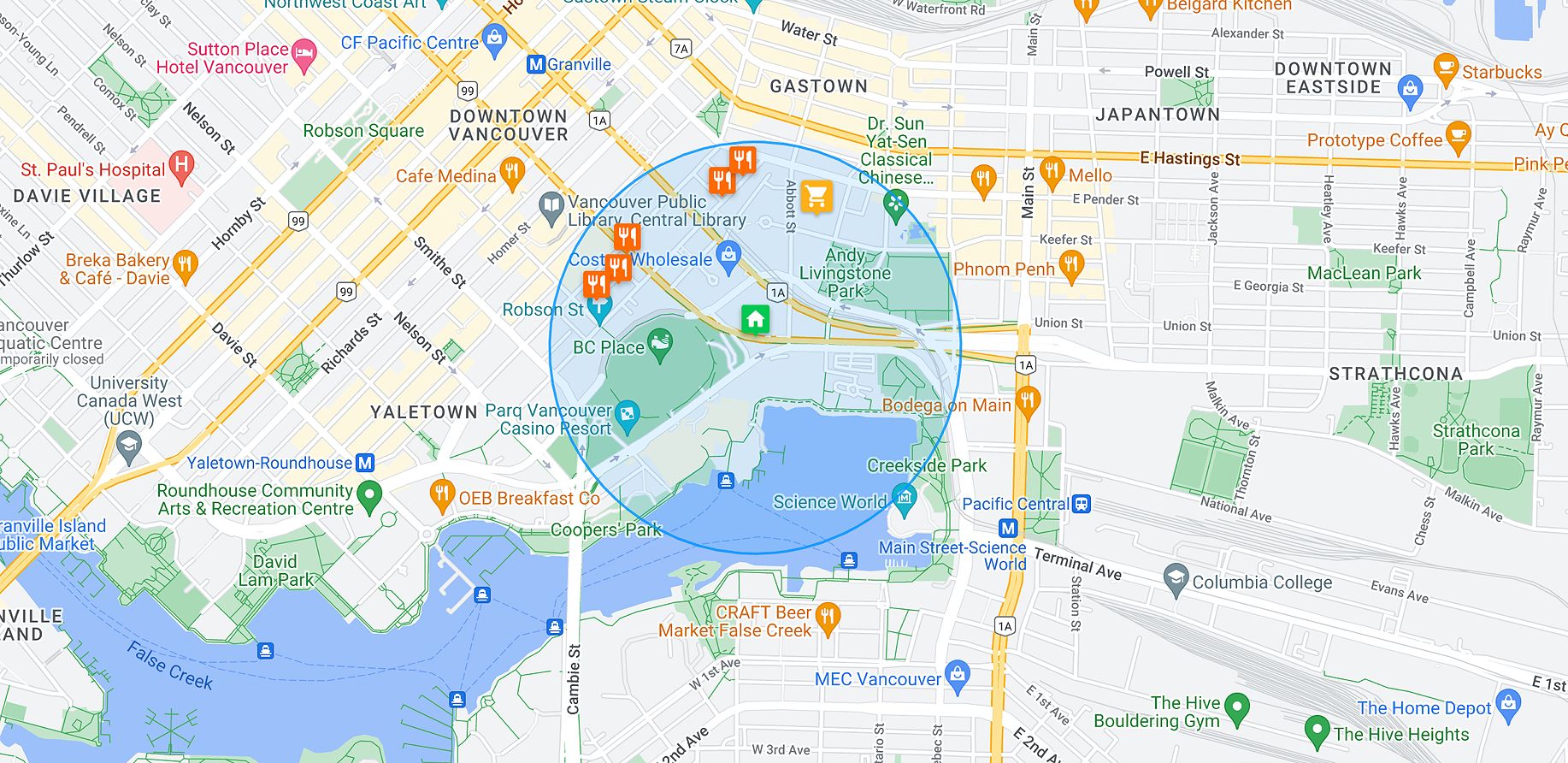 A circle drawn on Google Maps using new window.google.maps.Circle() function