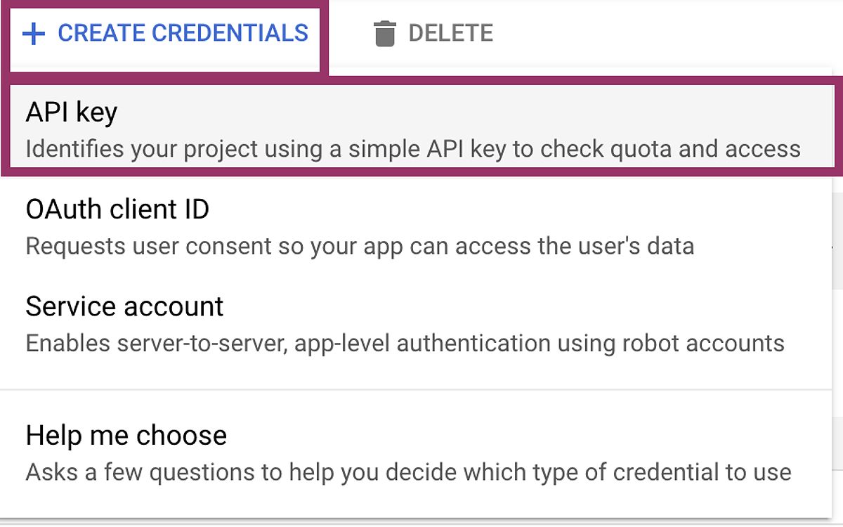 A screenshot of the Create Credentials button which has been clicked and is showing the API key option