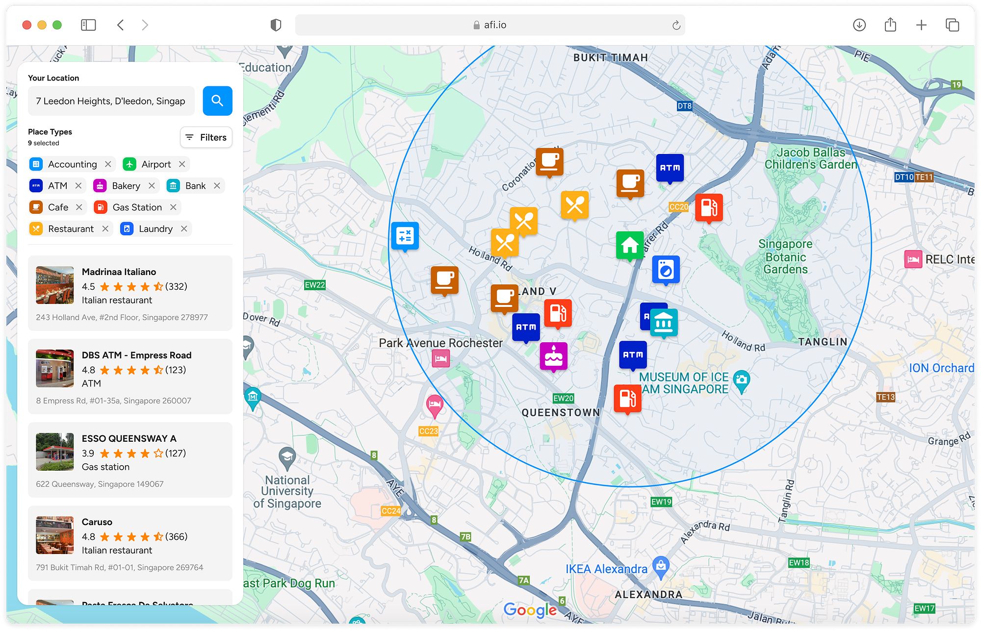 Example of a real estate search app using Google Nearby Search API